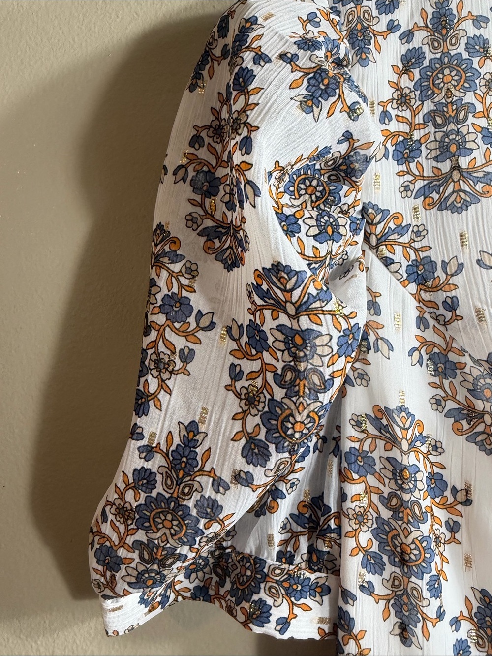 Express Floral Puff Sleeve Mini Dress S Blue Gold Deep V Open Back - Picture 2 of 9